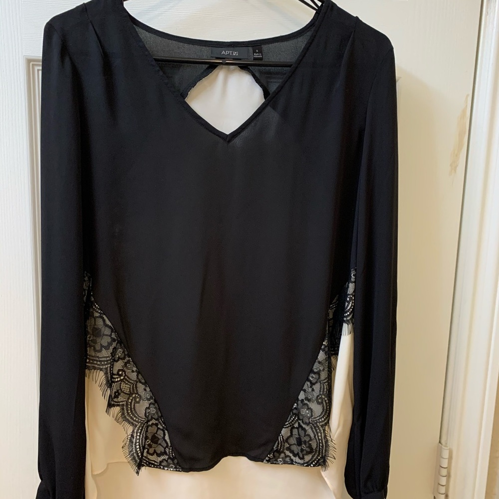 Apt 9, black and white lace/silk blouse